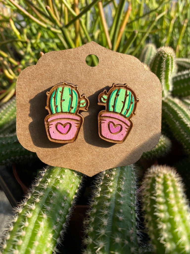 Earrings Post Style Hand Painted Barrel Light Green Cactus Cacti Pink Pot Hearts Potted