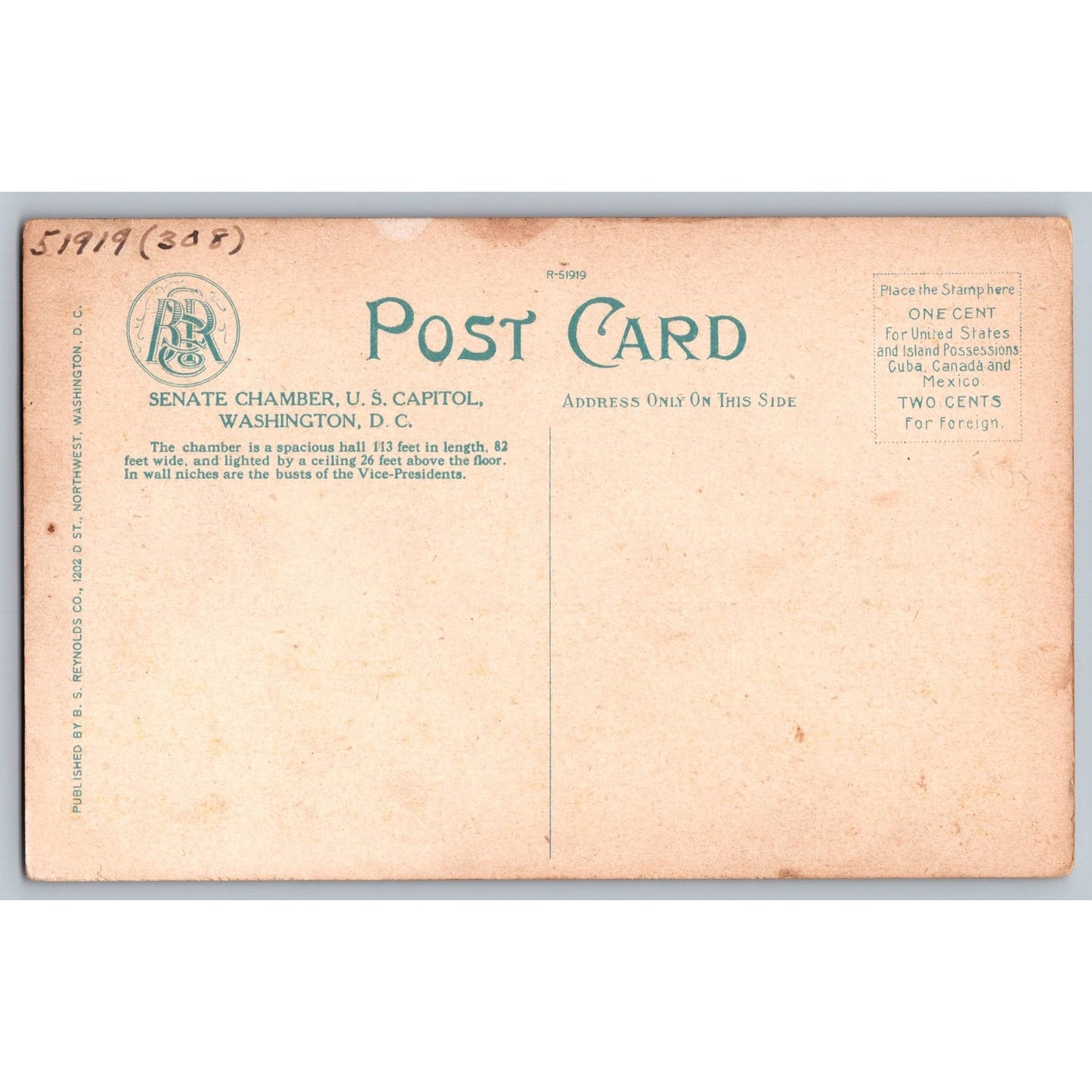 Washington DC Senate Chamber US Capitol White Border Postcard Unused B S Reynolds