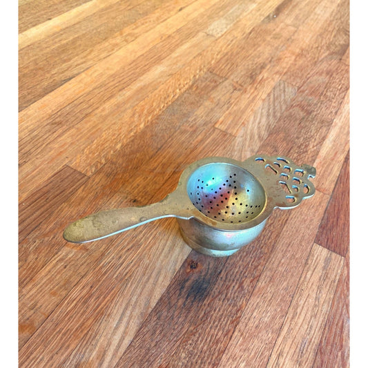 Vintage Tea Strainer With Drip Bowl - Ornate Handle Design - Collectible Tableware
