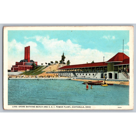 Ashtabula OH Ohio Bathing Beach & CEI Power Plant Lake Shore Early 1900 Postcard