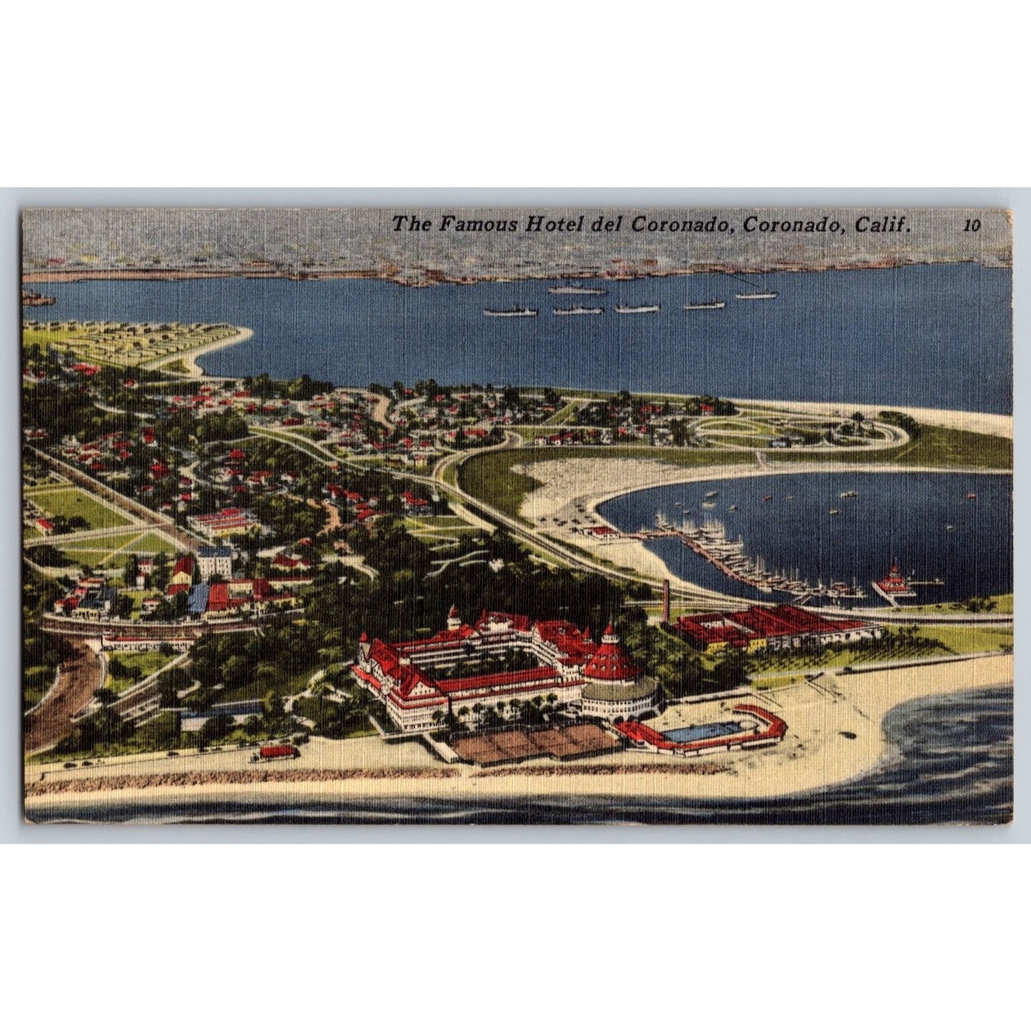 Coronado CA California Hotel del Coronado Aerial View Linen Postcard Unused