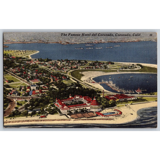 Coronado CA California Hotel del Coronado Aerial View Linen Postcard Unused