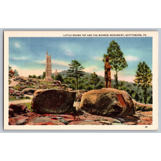 Gettysburg PA Pennsylvania Little Round Top & Warren Monument Linen Postcard