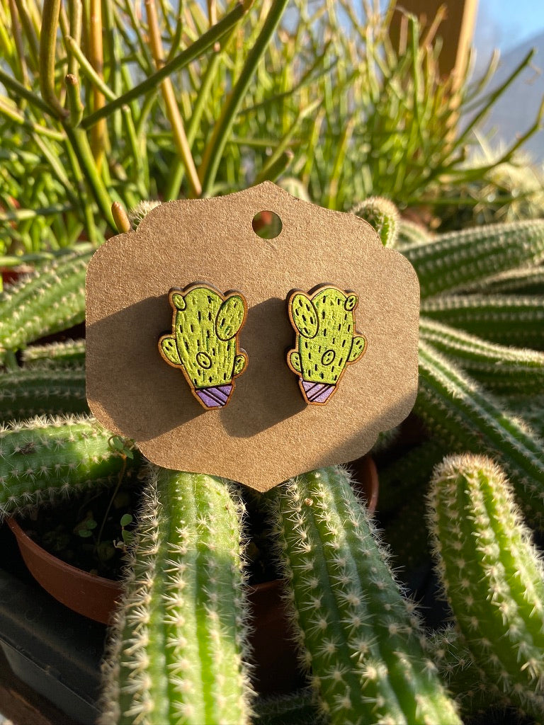 Earrings Post Style Hand Painted Prickly Pear Cactus Cacti Lavender Pot Potted