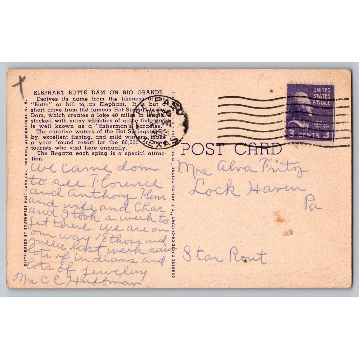 Truth or Consequences NM New Mexico Elephant Butte Dam White Border Postcard