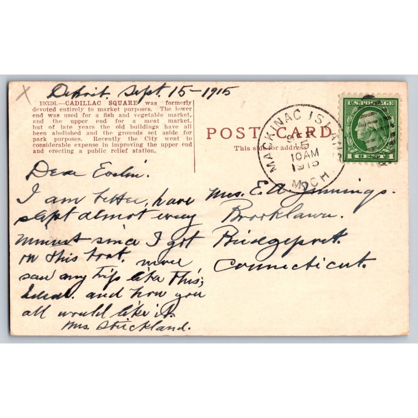 Detroit MI Michigan Cadillac Square County Building 1915 Postcard Used