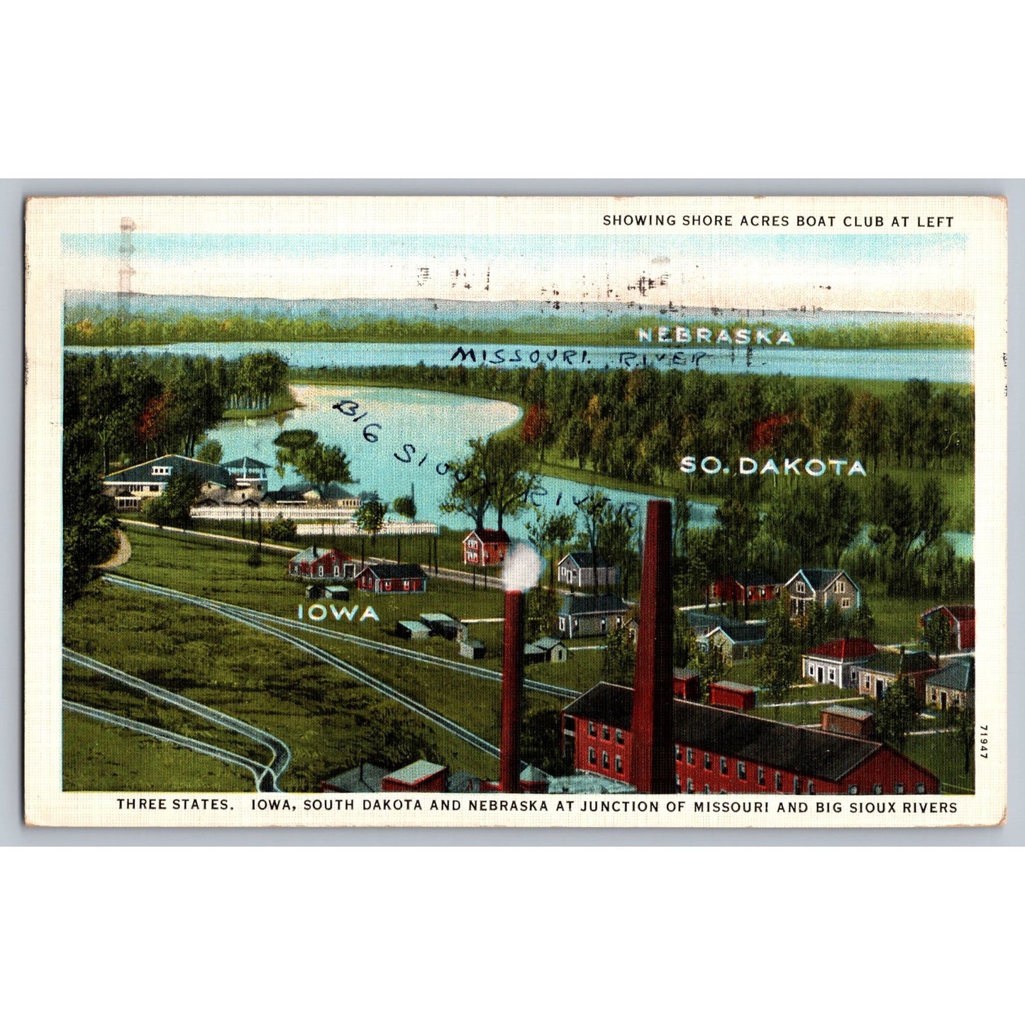 Three States Postcard Iowa South Dakota Nebraska Big Sioux Rivers 1935 CurtTeich