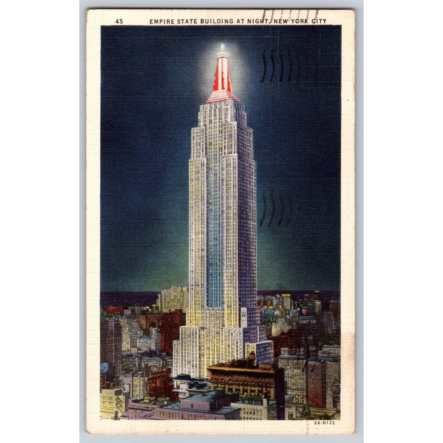 New York City NY Empire State Building At Night 1936 White Border Postcard Used