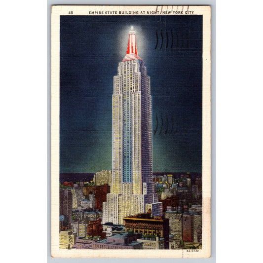 New York City NY Empire State Building At Night 1936 White Border Postcard Used