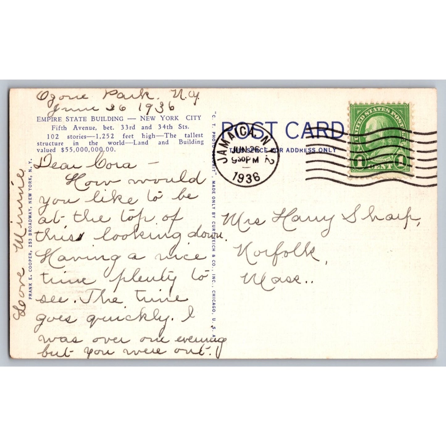 New York City NY Empire State Building At Night 1936 White Border Postcard Used