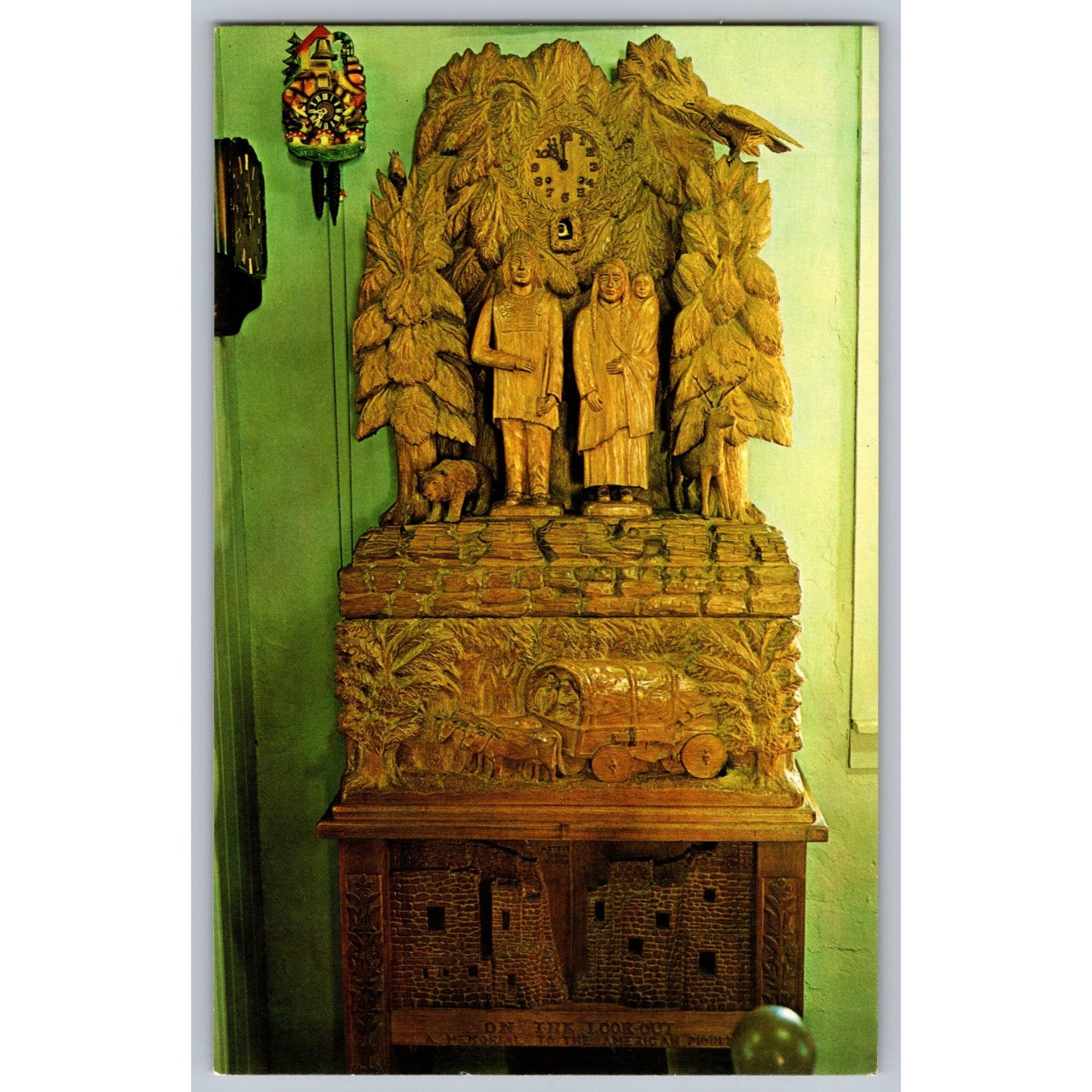 On The Lookout Clock Postcard Carved Bily Brothers Butternut Wood 7-Foot Clock