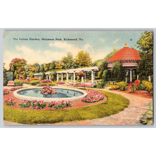 Richmond VA Virginia Maymont Park Italian Garden Linen Postcard Unused