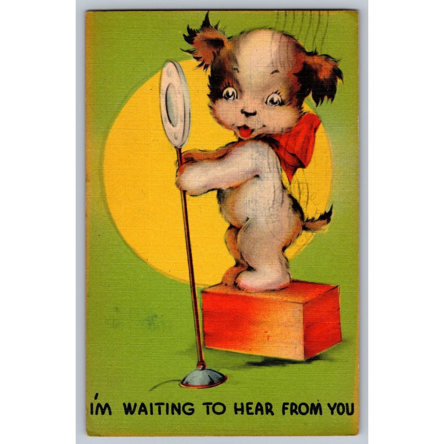Comic Postcard Humorous Cute Puppy with Microphone Waiting to Hear 1943 Linen