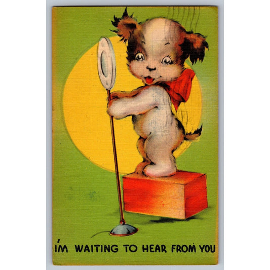 Comic Postcard Humorous Cute Puppy with Microphone Waiting to Hear 1943 Linen