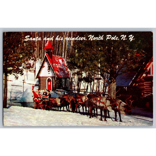 North Pole NY New York Santa and His Reindeer at Christmas Chrome Postcard