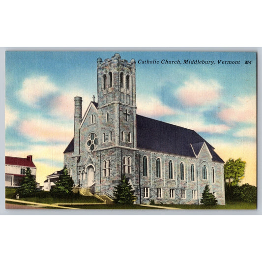 Middlebury VT Vermont Catholic Church 1940s Linen Postcard Unused
