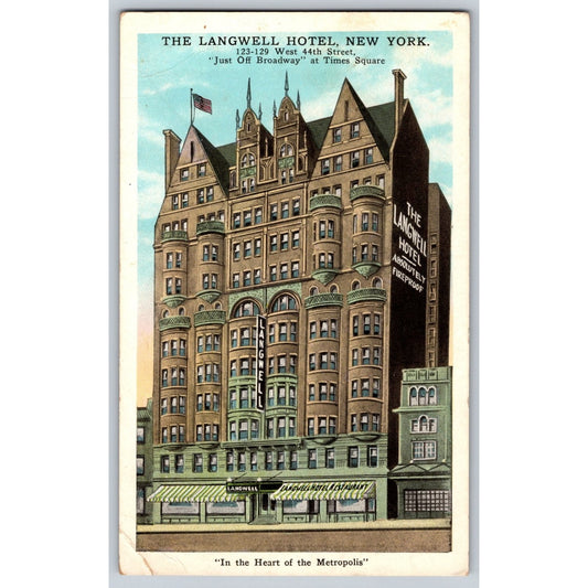 New York City NY Langwell Hotel Times Square White Border Postcard EC Kropp Co