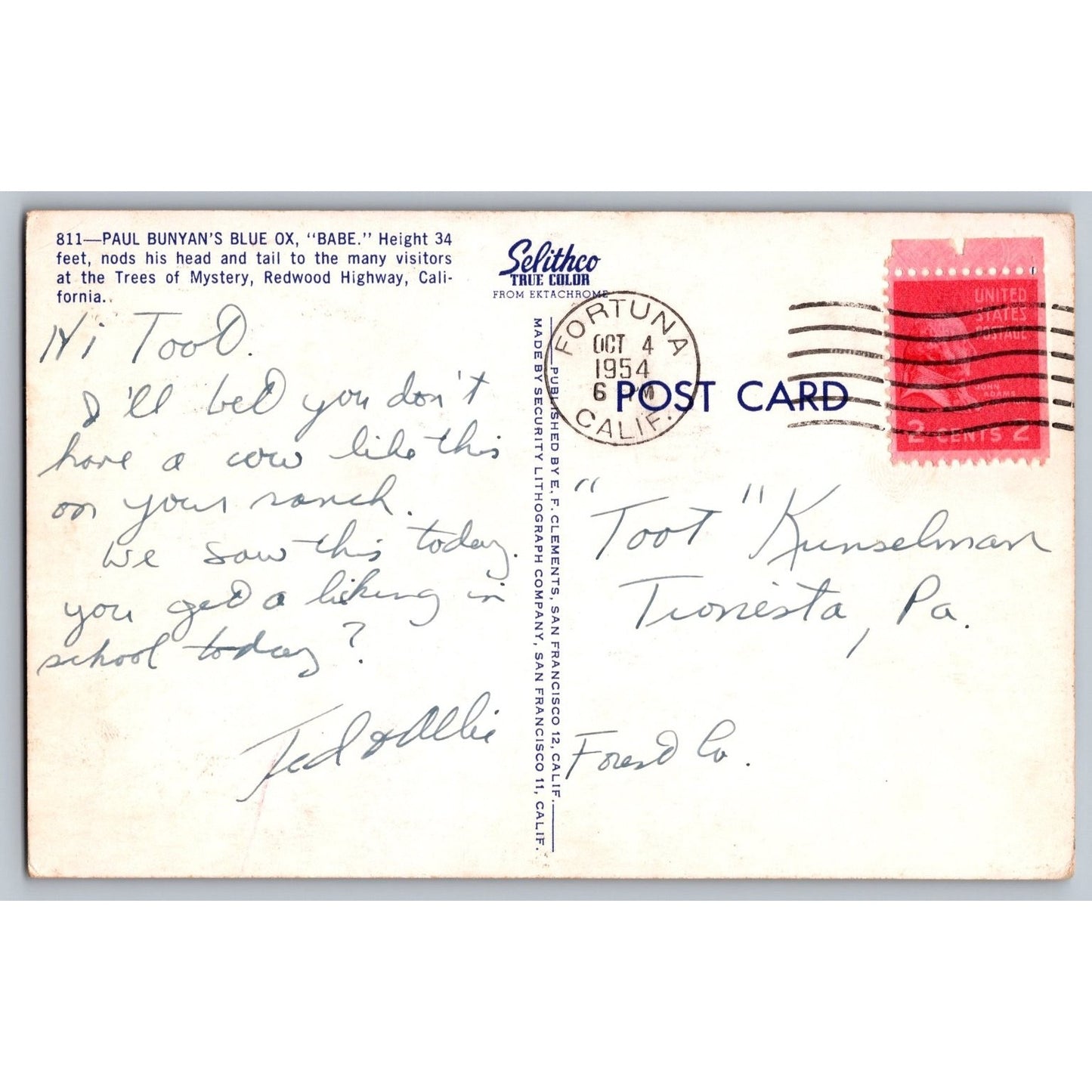 Klamath CA California Paul Bunyan's Blue Ox Babe Redwood Highway 1954 Postcard