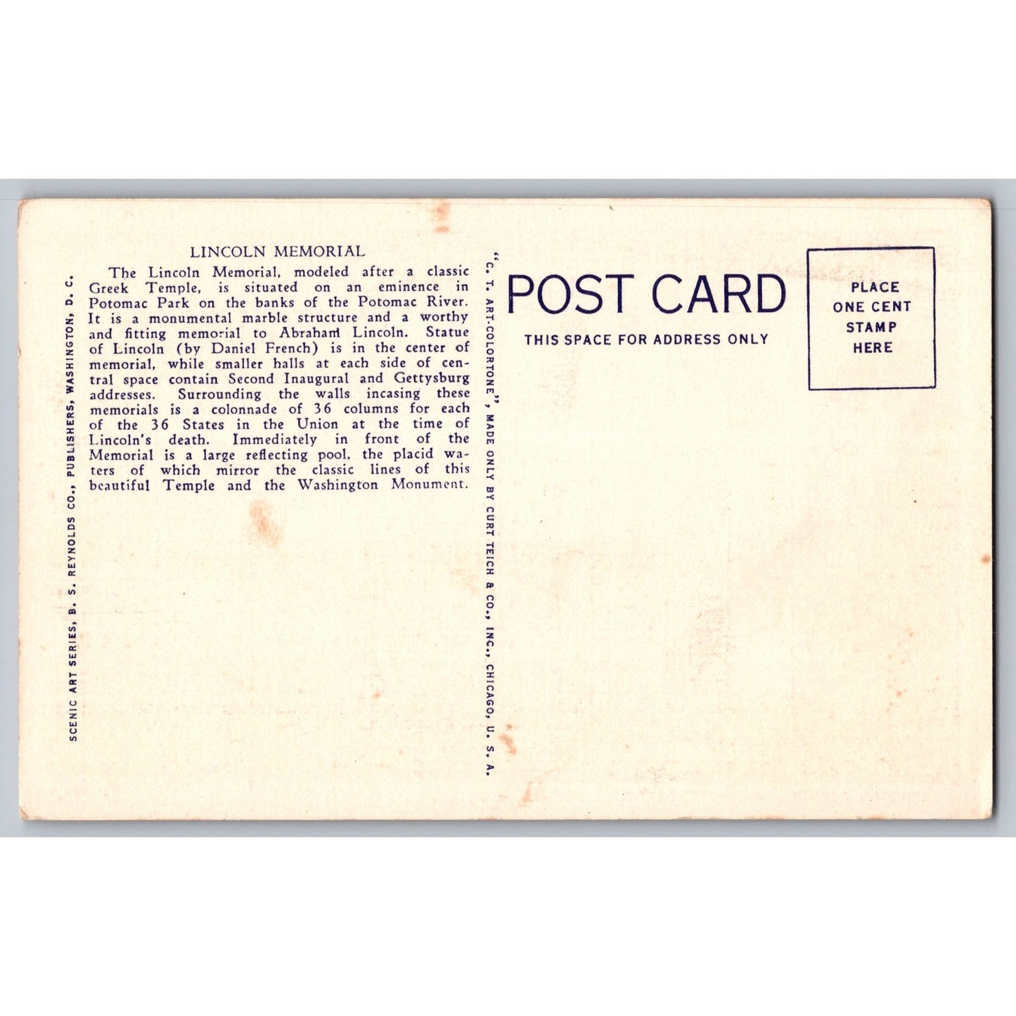 Washington DC Lincoln Memorial White Border Postcard Unused
