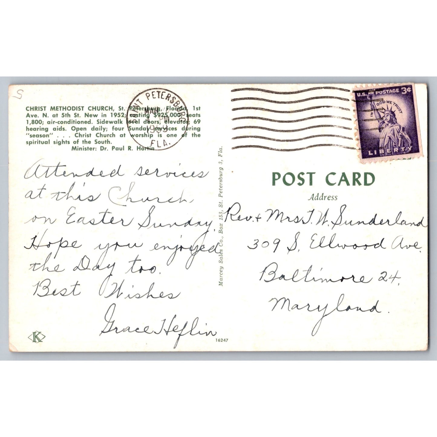 St Petersburg FL Florida Christ Methodist Church 1950s Chrome Postcard Used