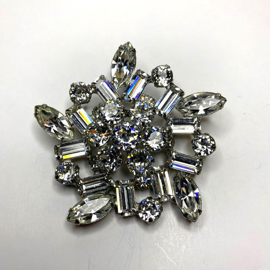 Vintage Rhinestone Snowflake Brooch Pin With Clear Crystals & Silver-Tone Metal