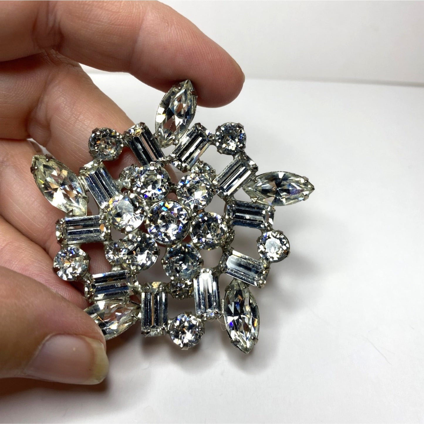 Vintage Rhinestone Snowflake Brooch Pin With Clear Crystals & Silver-Tone Metal