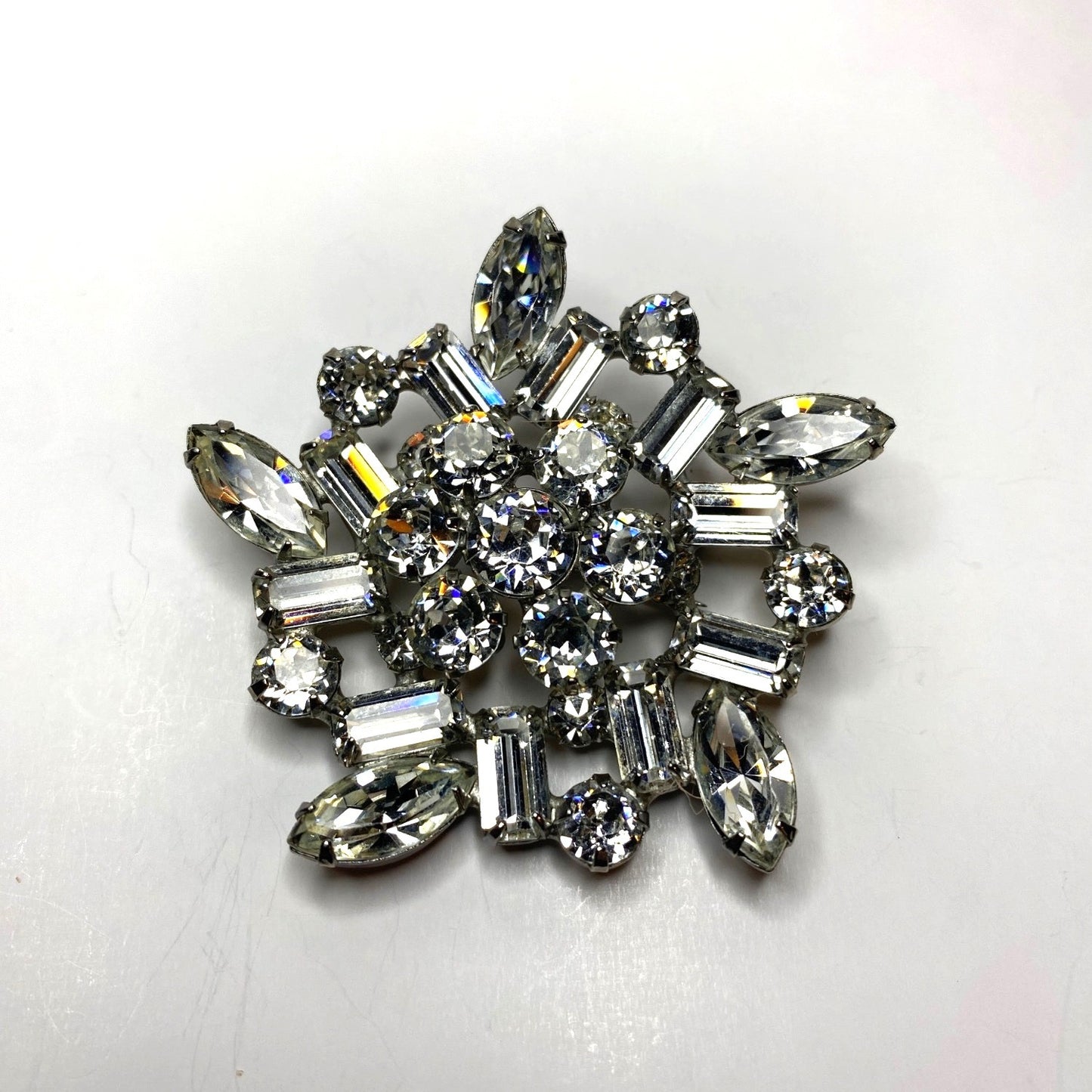 Vintage Rhinestone Snowflake Brooch Pin With Clear Crystals & Silver-Tone Metal