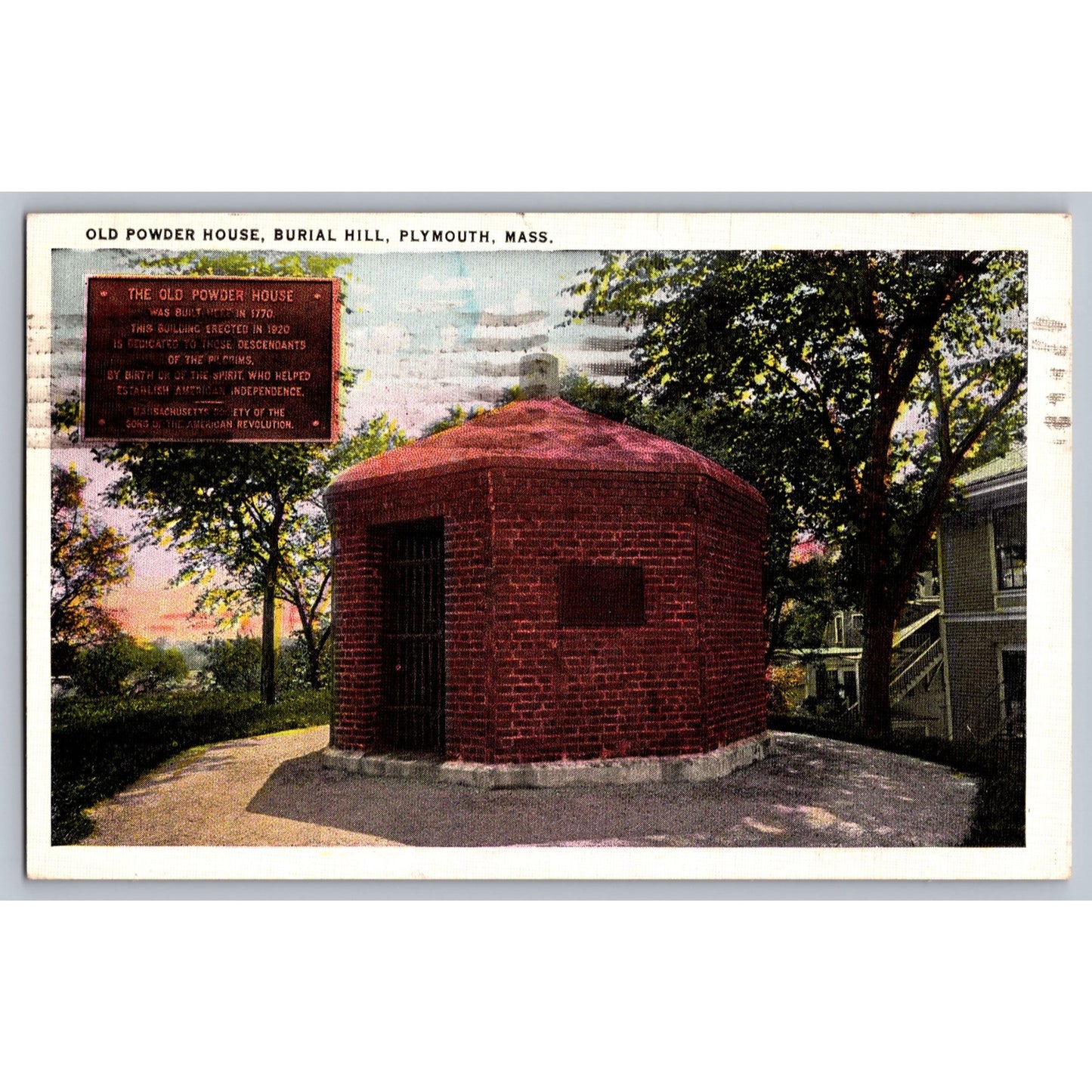 Plymouth MA Massachusetts Old Powder House Burial Hill White Border Postcard