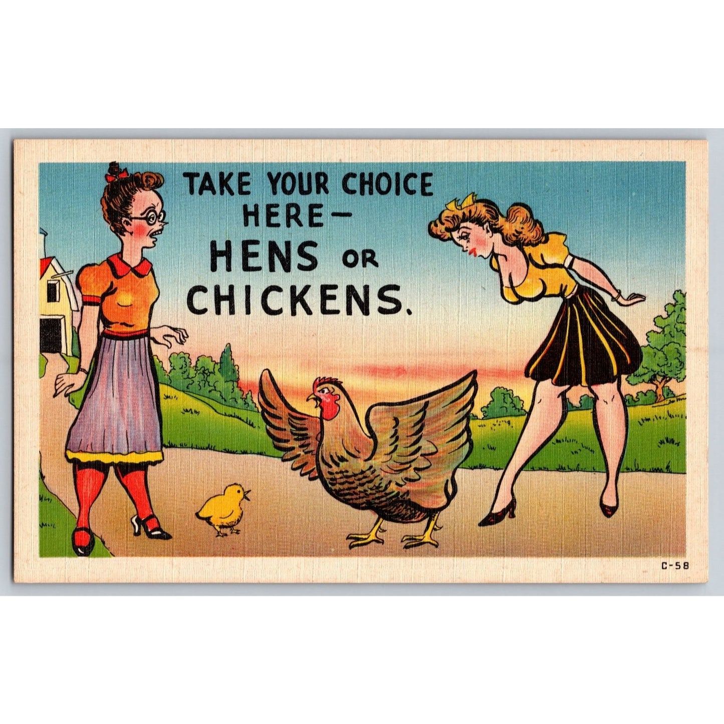 Comic Postcard Take Your Choice Hens or Chickens 1940s Linen Unused
