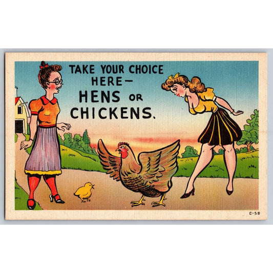 Comic Postcard Take Your Choice Hens or Chickens 1940s Linen Unused