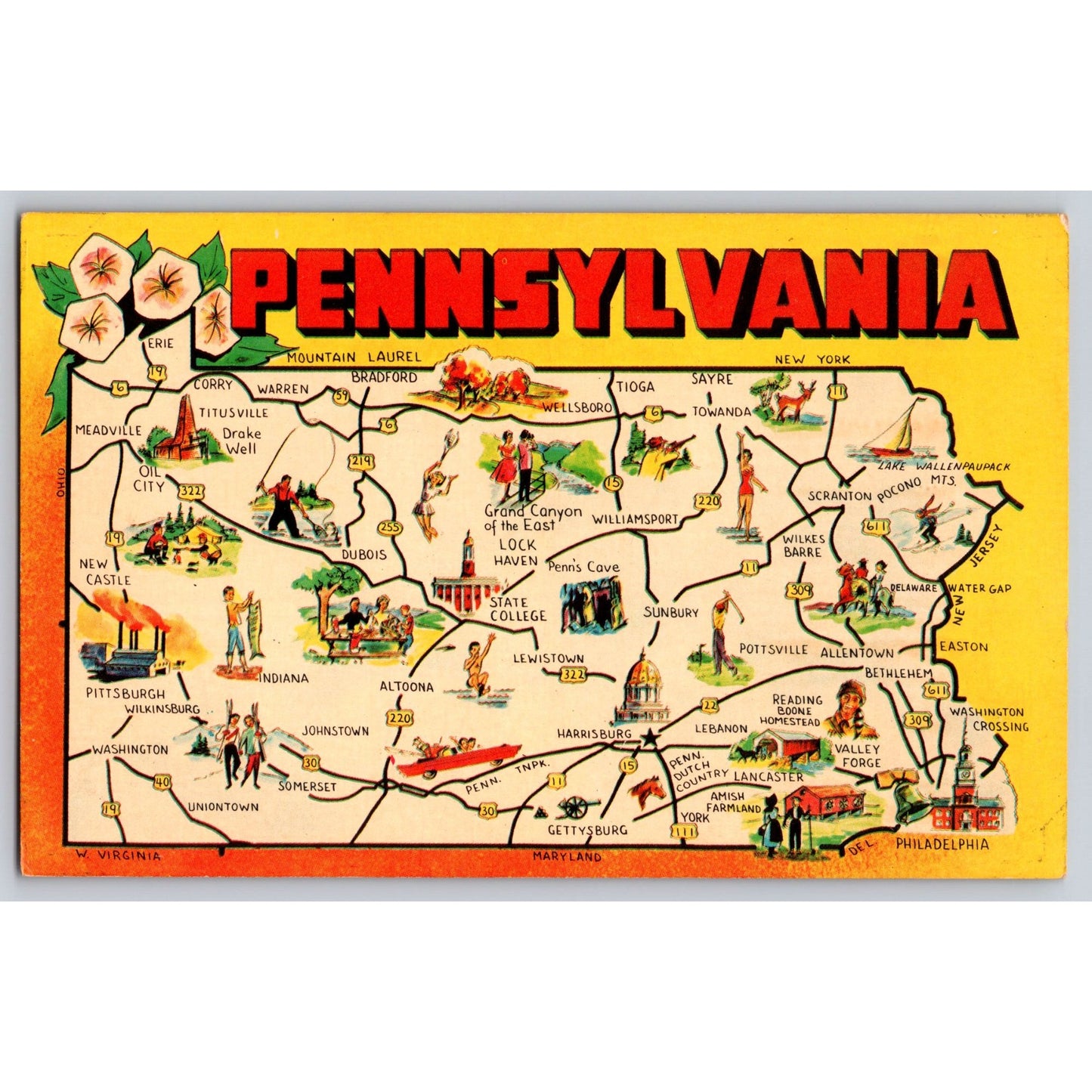Pennsylvania PA Map Keystone State Chrome Postcard Unused Dexter Press