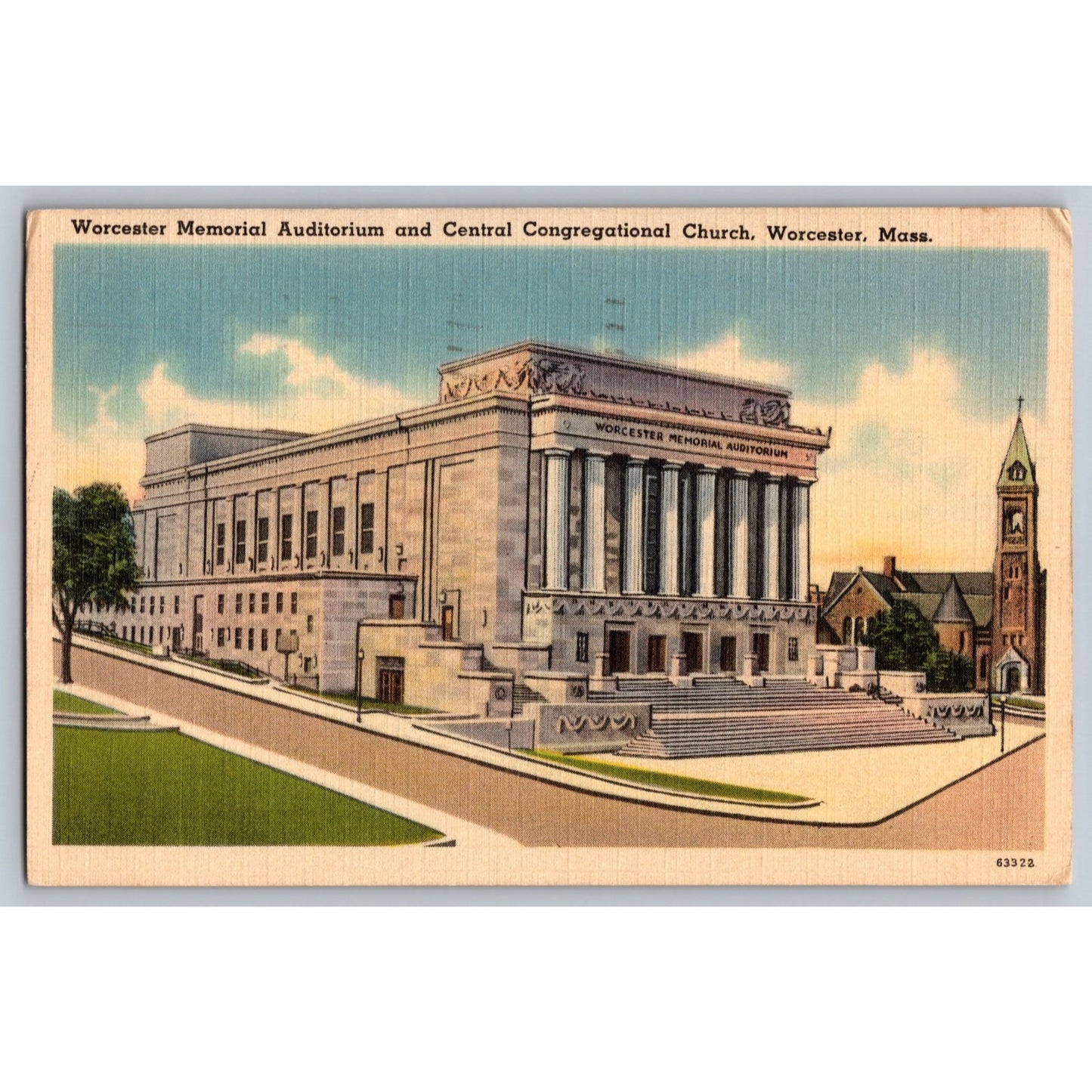 Worcester MA Massachusetts Auditorium Church 1940s White Border Postcard Used