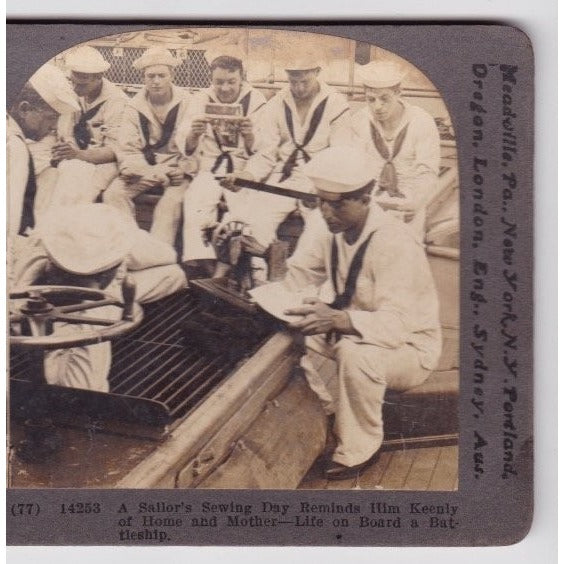 Stereoview A Sailor's Sewing Day Keystone View Co. Early 1900s Navy