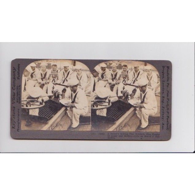Stereoview A Sailor's Sewing Day Keystone View Co. Early 1900s Navy