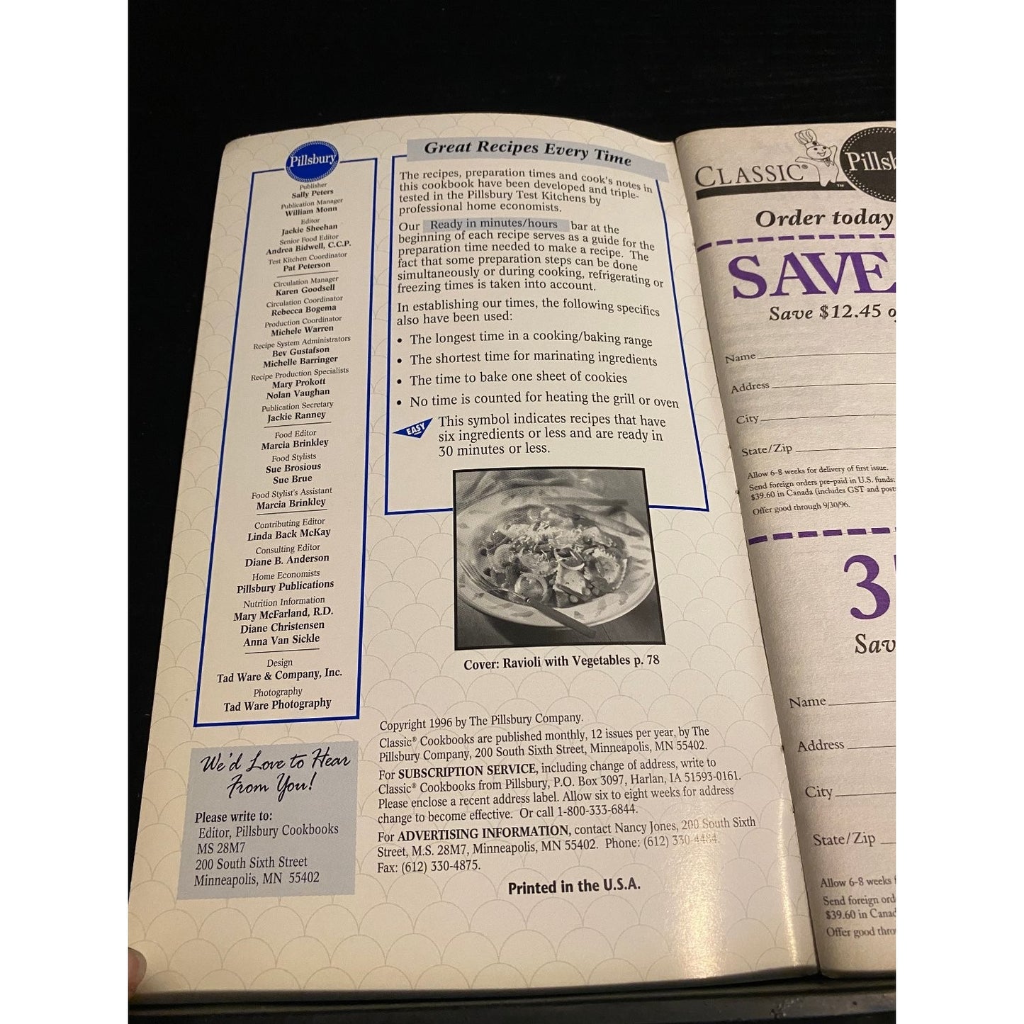 Pillsbury Classic Cookbook Booklet Meatless Meals 1996 March Edition Recipes