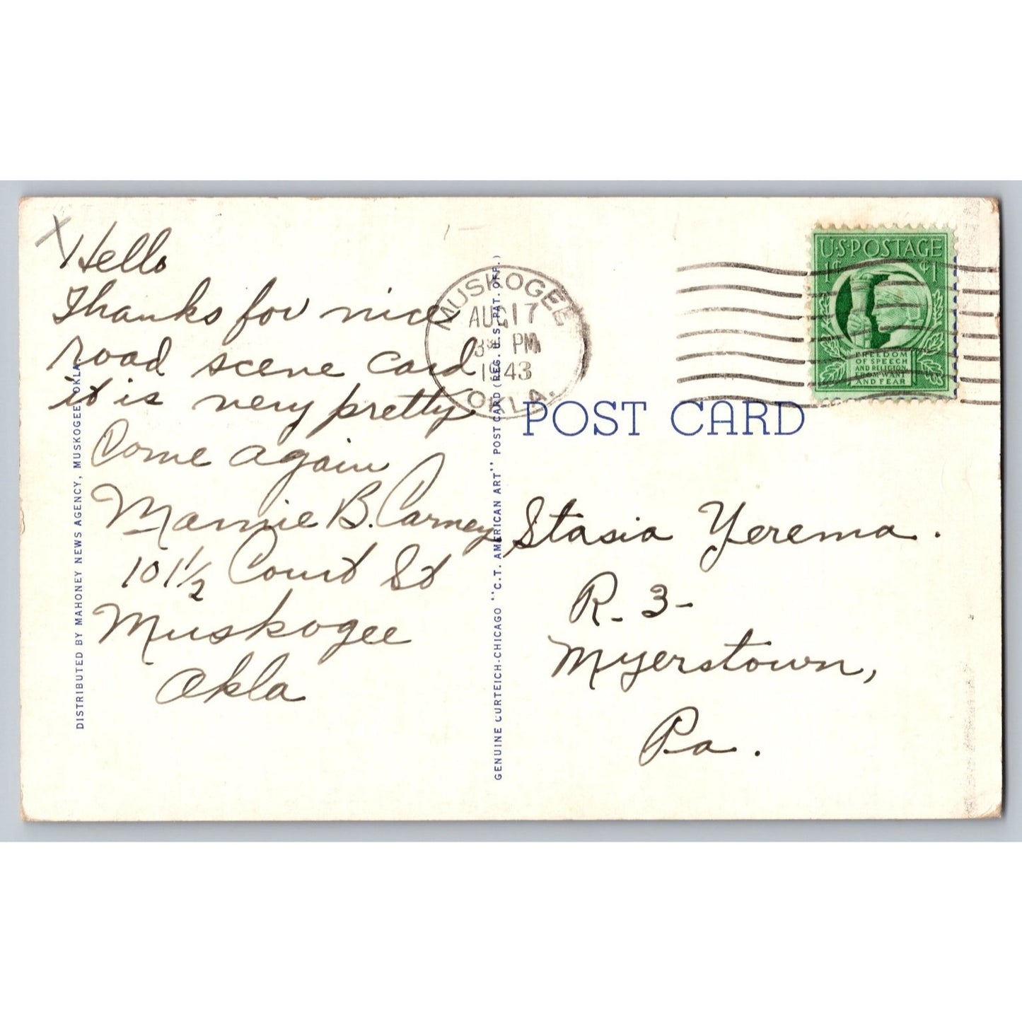 Muskogee OK Oklahoma Old Indian Agency Building White Border Postcard Used