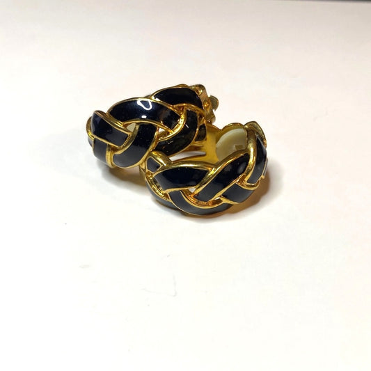 Clip-On Earrings Black Enamel Gold Tone Twist Knot Braided Basket Weave Design