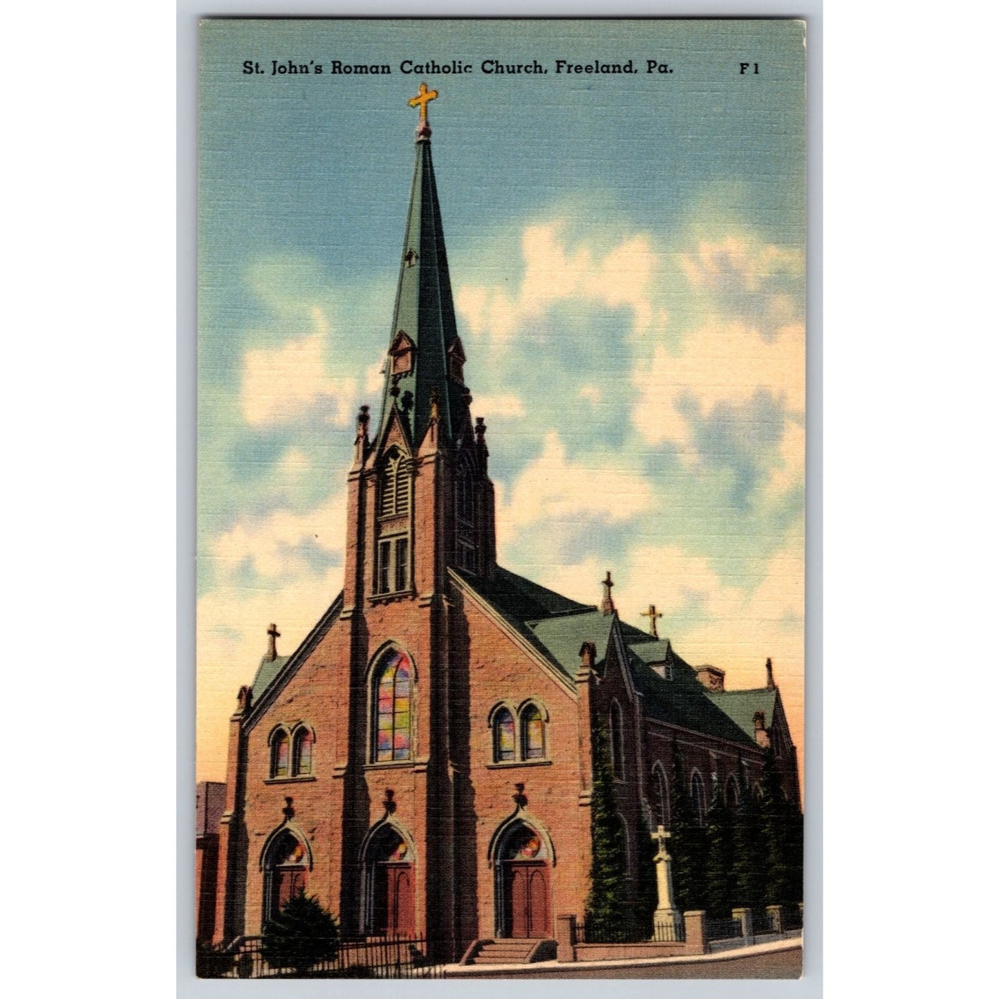 Freeland PA Pennsylvania St John's Roman Catholic Church Linen Postcard Unused