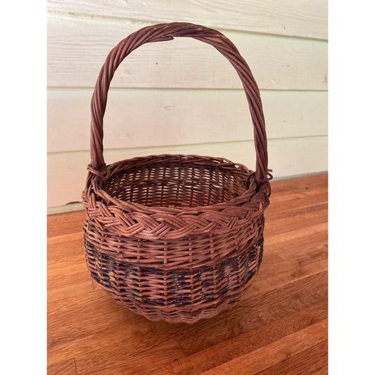Vintage Handwoven Wicker Basket With Handle & Decorative Accents