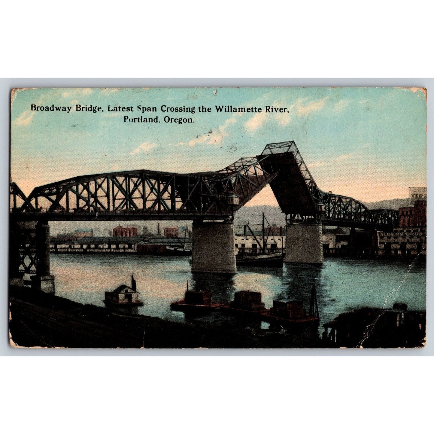 Portland OR Oregon Broadway Bridge Willamette River 1918 Divided Back Postcard