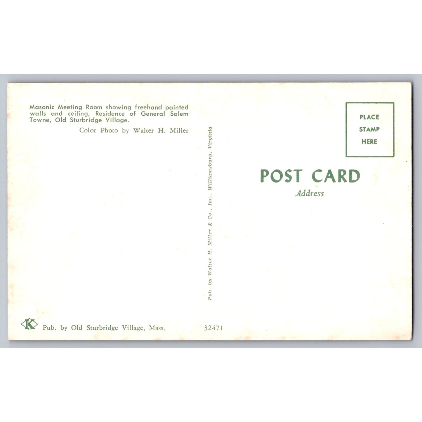 Old Sturbridge MA Massachusetts Masonic Meeting Room Chrome Postcard Unused