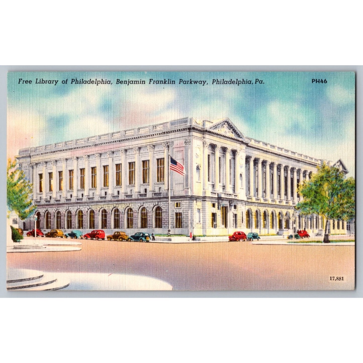 Philadelphia PA Pennsylvania Free Library Benjamin Franklin Pkwy Linen Postcard