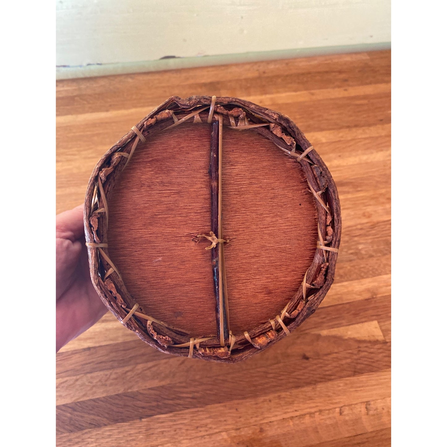 Vintage Handwoven Grape Vine Basket With Wooden Base Cover Pot 5 1/4" X 7 1/4"