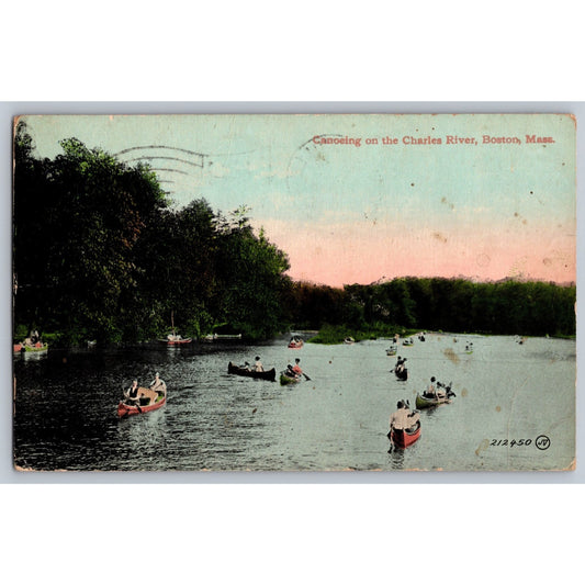 Boston MA Massachusetts Canoeing Along Charles River 1911 Divided Back Postcard