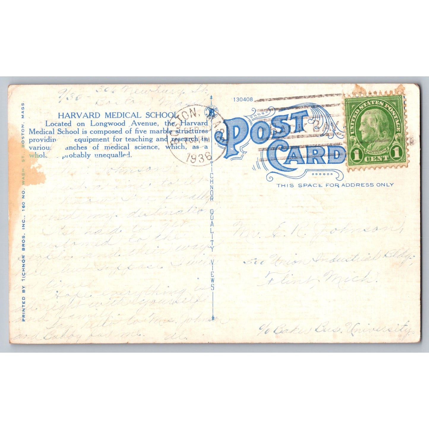 Boston MA Massachusetts Harvard Medical School White Border 1936 Postcard Used