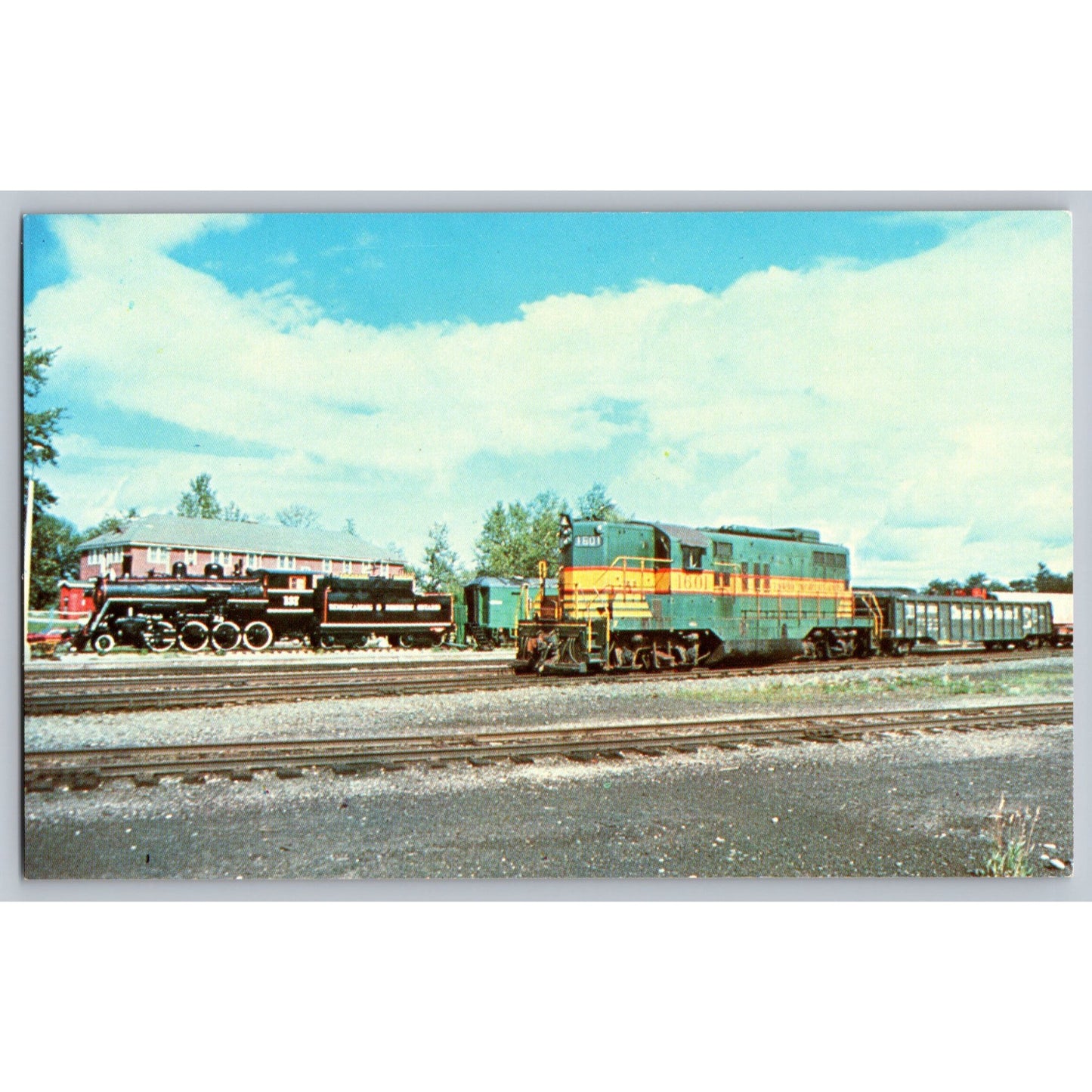 Ontario Northland Railway Postcard GP-9 No1601 & 2-8-0 No 137 Cochrane Yard