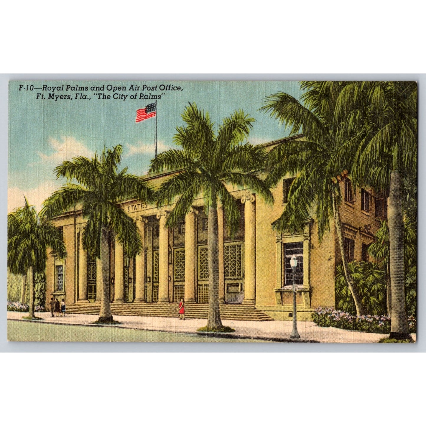 Fort Myers FL Florida Royal Palms and Post Office Curt Teich Linen Postcard