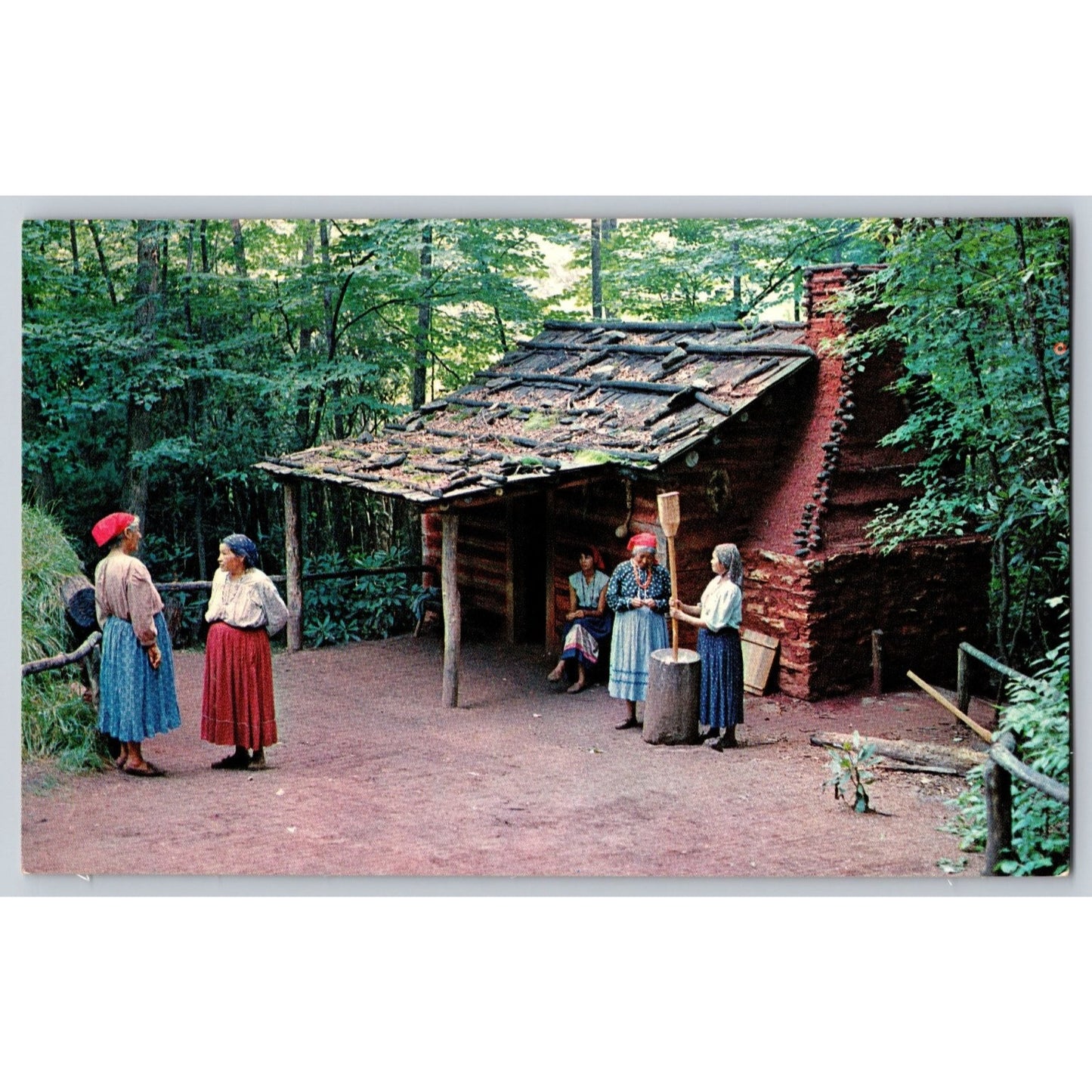 Cherokee NC North Carolina Indian Village Pounding Corn Cabin Chrome Postcard