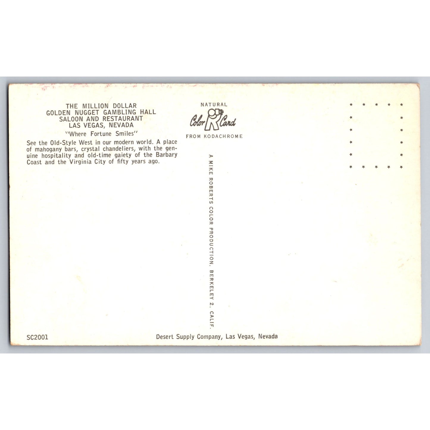 Las Vegas NV Nevada Million Dollar Golden Nugget Gambling Hall Saloon Postcard