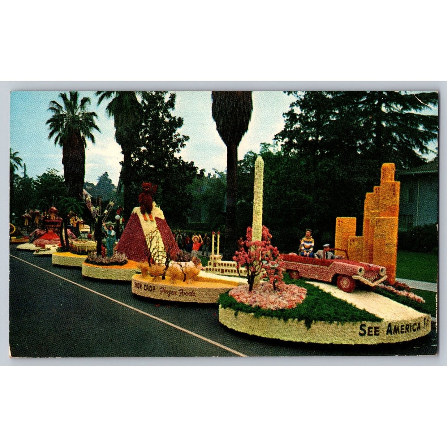 Pasadena CA California Rose Parade Floral Float 1950s Chrome Postcard Unused